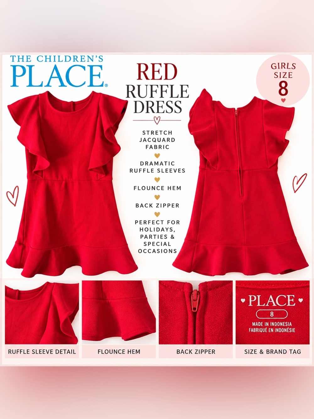 The Children’s Place Red Ruffle Jacquard Dress Girls Size 8
